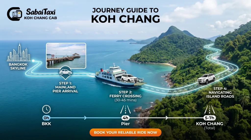 How to get to Koh Chang from Bangkok by SabaiTaxi. Features travel timing, Trat mainland pier arrival, Koh Chang vehicle ferry crossing, and navigating island roads.