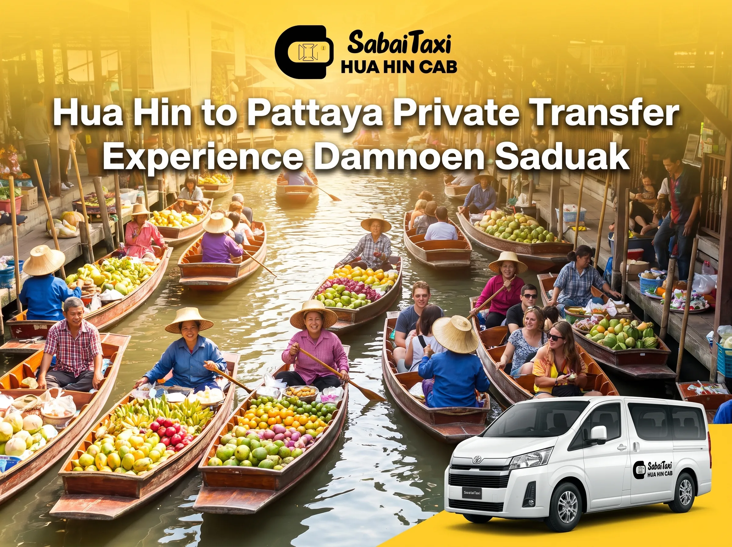 Private taxi transfer from Hua Hin to Pattaya offering a memorable detour to the vibrant Damnoen Saduak Floating Market.