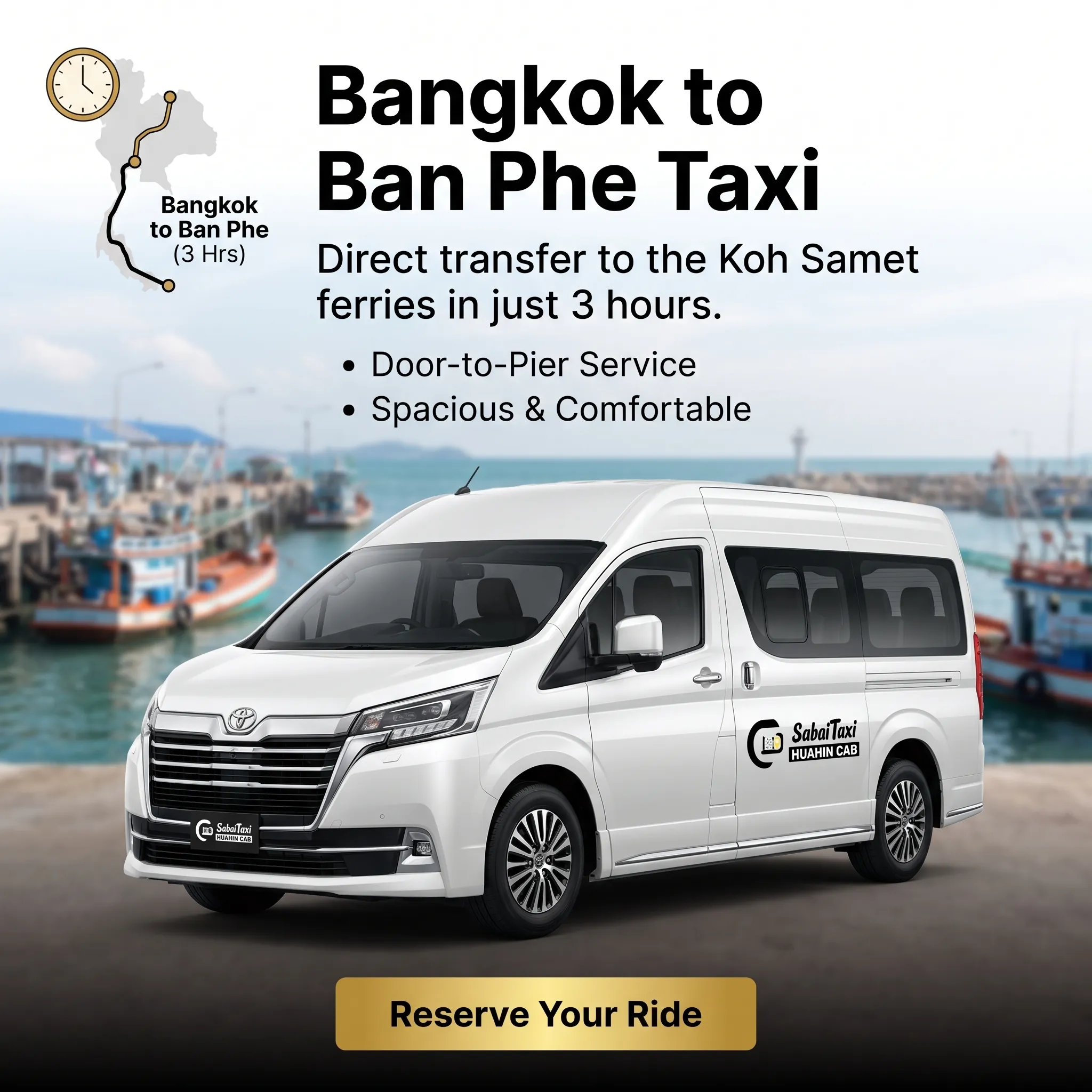 SabaiTaxi private taxi from Bangkok to Ban Phe pier, your gateway to Koh Samet.
