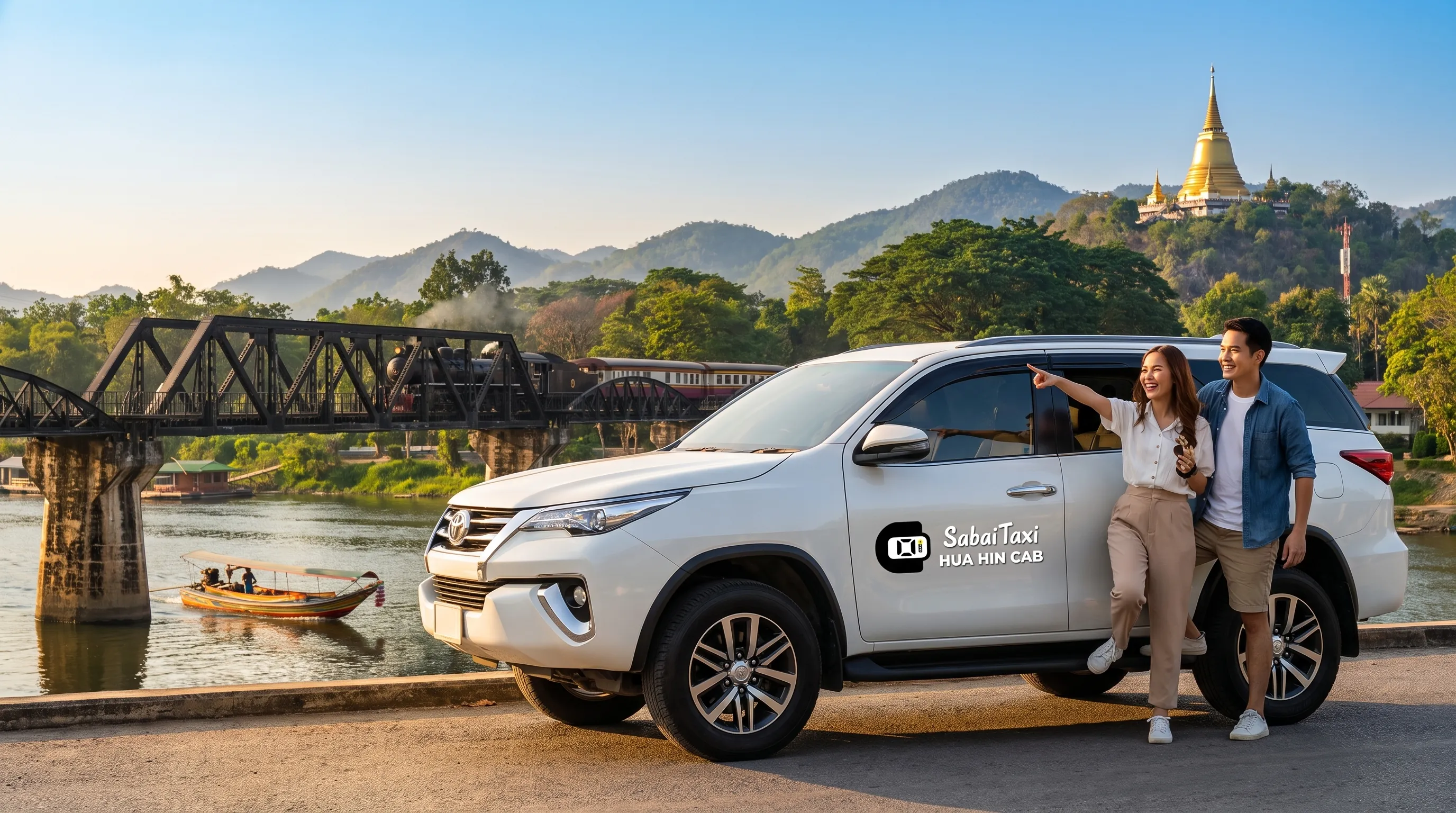 A comfortable private SabaiTaxi transfer from Bangkok arriving at the iconic River Kwai Bridge in Kanchanaburi.