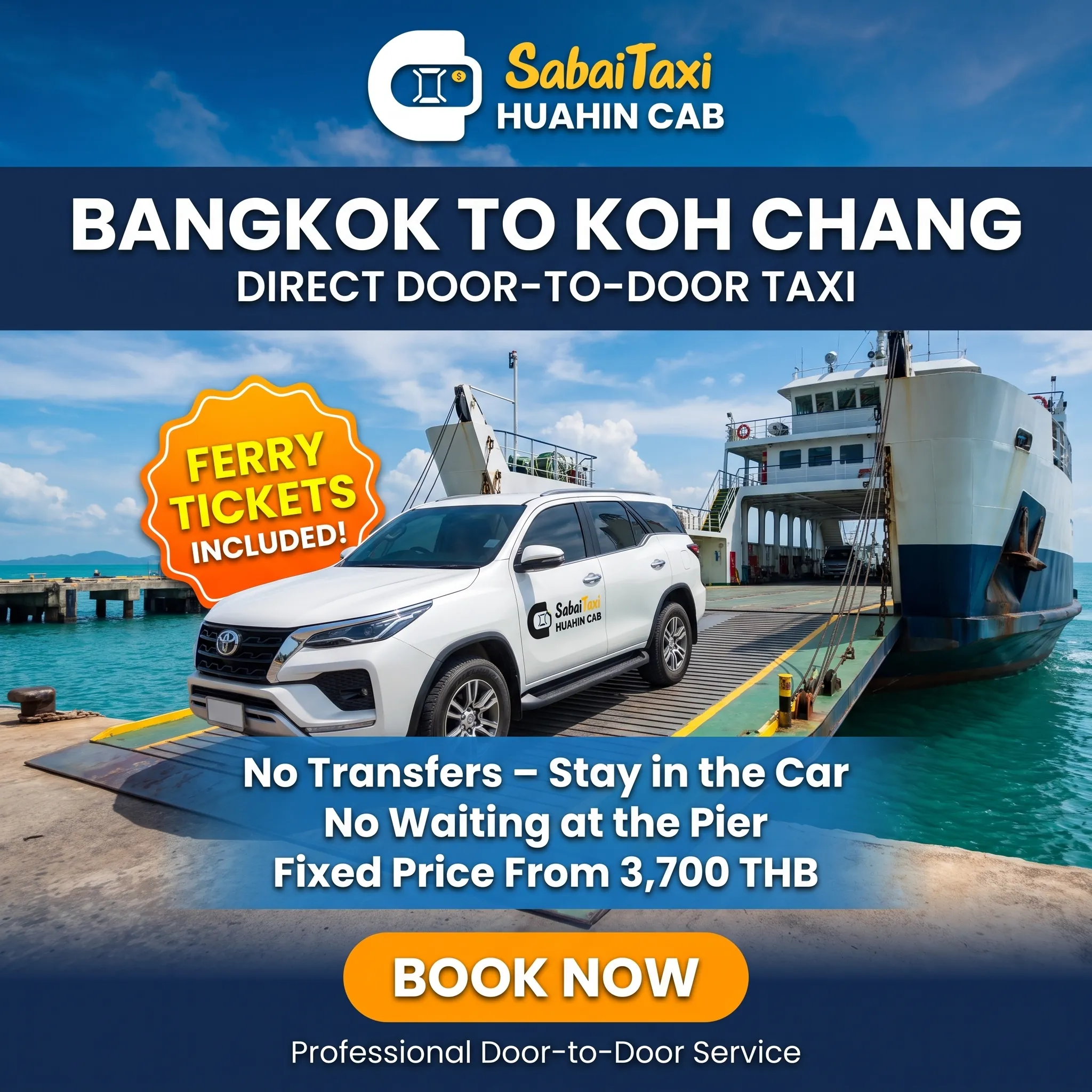 Private SabaiTaxi driving directly onto a ferry for a seamless Bangkok to Koh Chang door-to-door transfer with no vehicle changes.