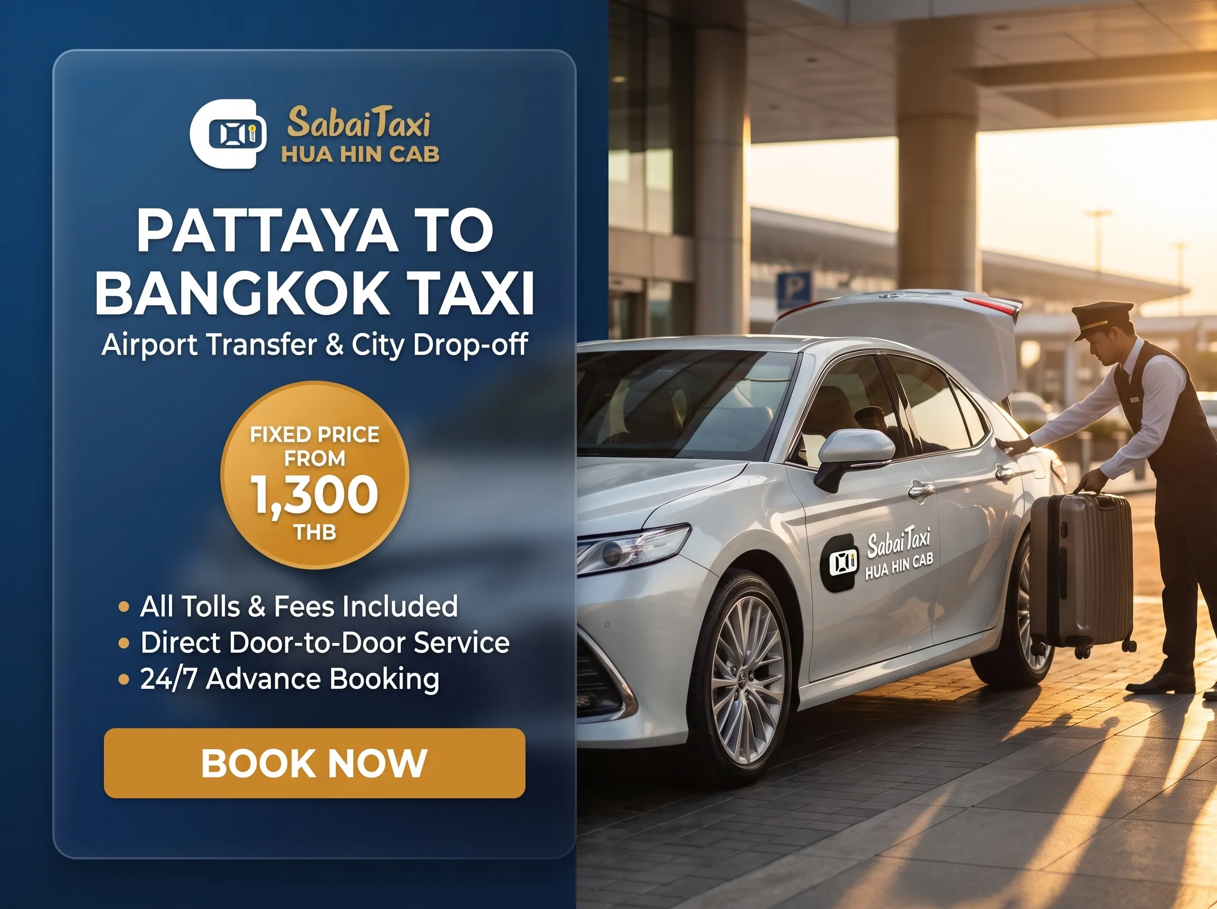 Comfortable private taxi from Bangkok to Pattaya offering a fixed price of 1,300 THB with no meter or hidden fees.