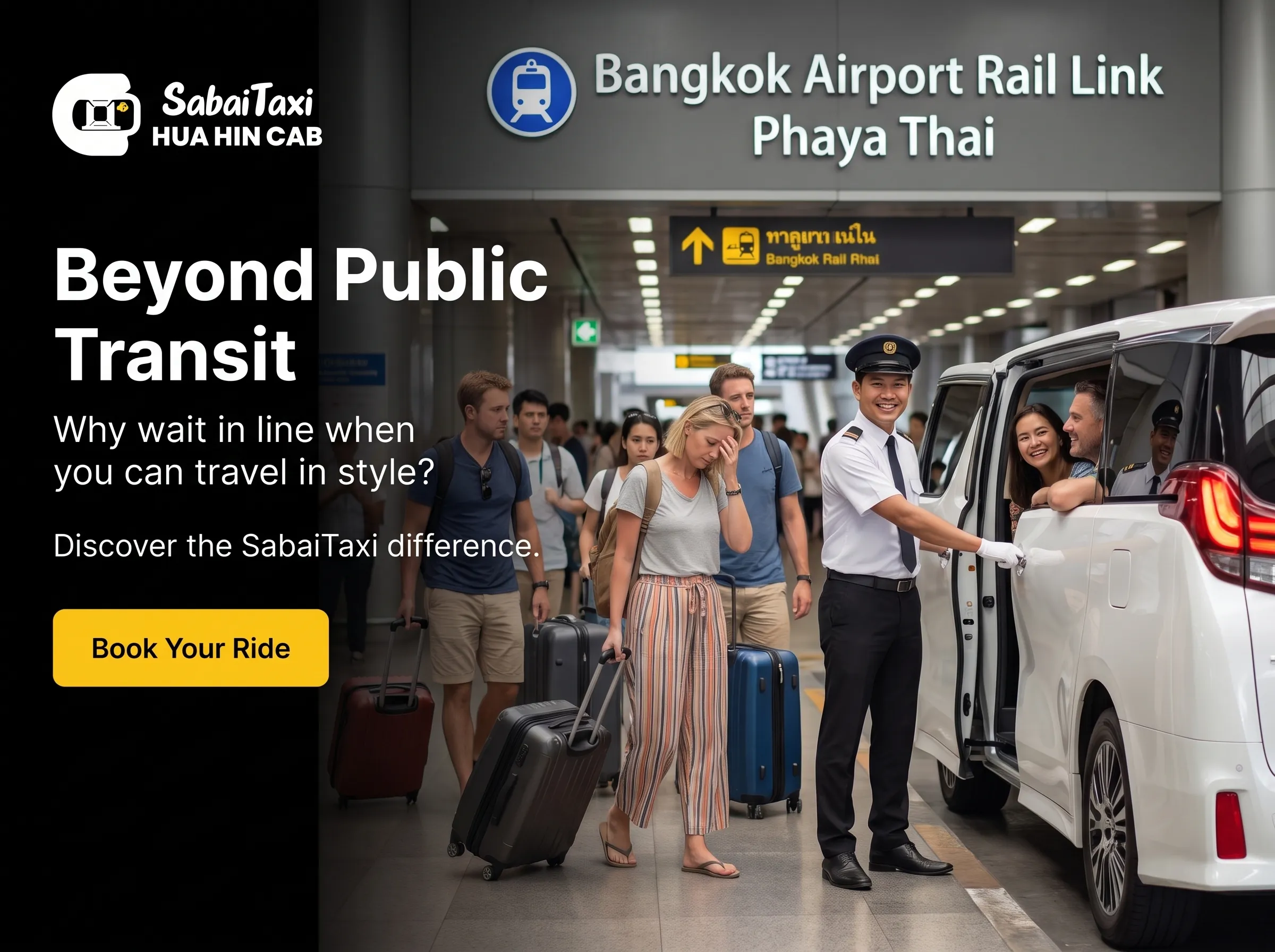 A Sabaitaxi private car parked near a busy Bangkok transit hub, offering a comfortable alternative to public transport options.