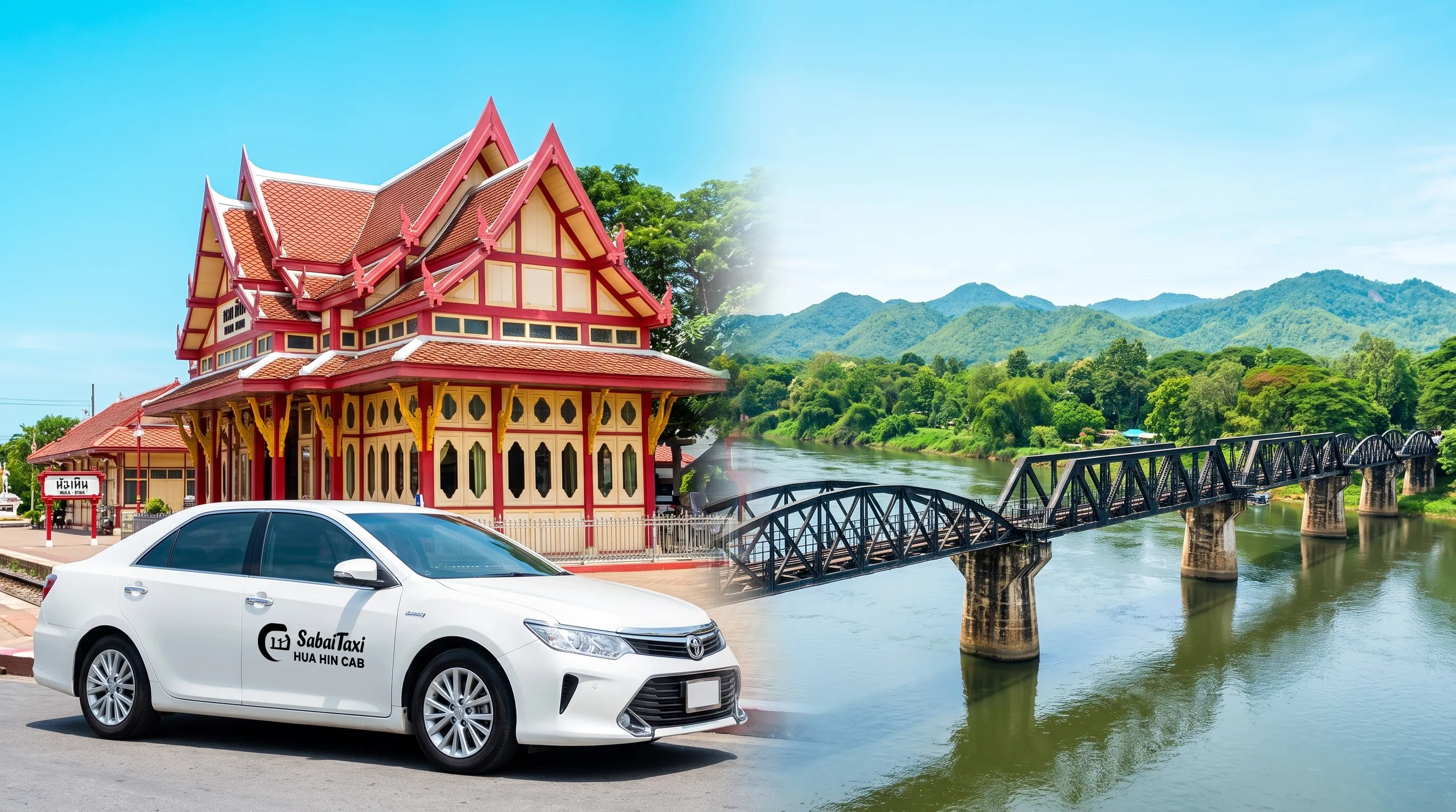 Private taxi transfer from Hua Hin Railway Station to the Bridge over the River Kwai by SabaiTaxi.