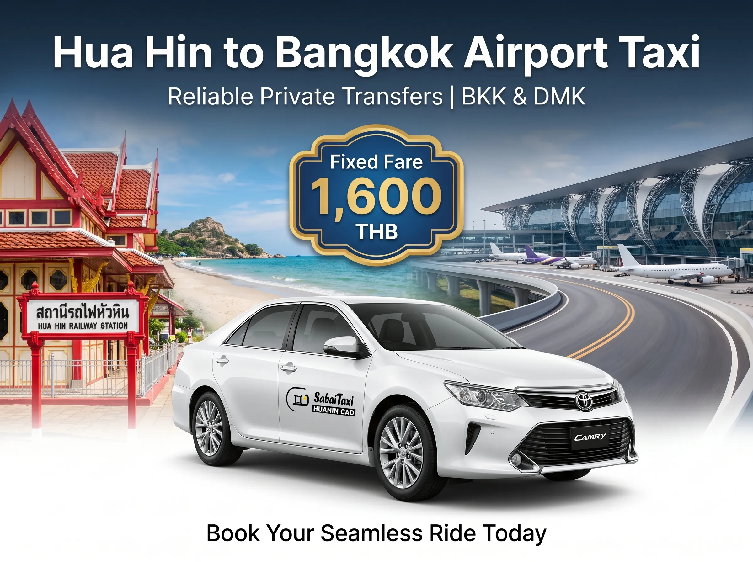 Private taxi service from Hua Hin to Bangkok Airport for a fixed fare