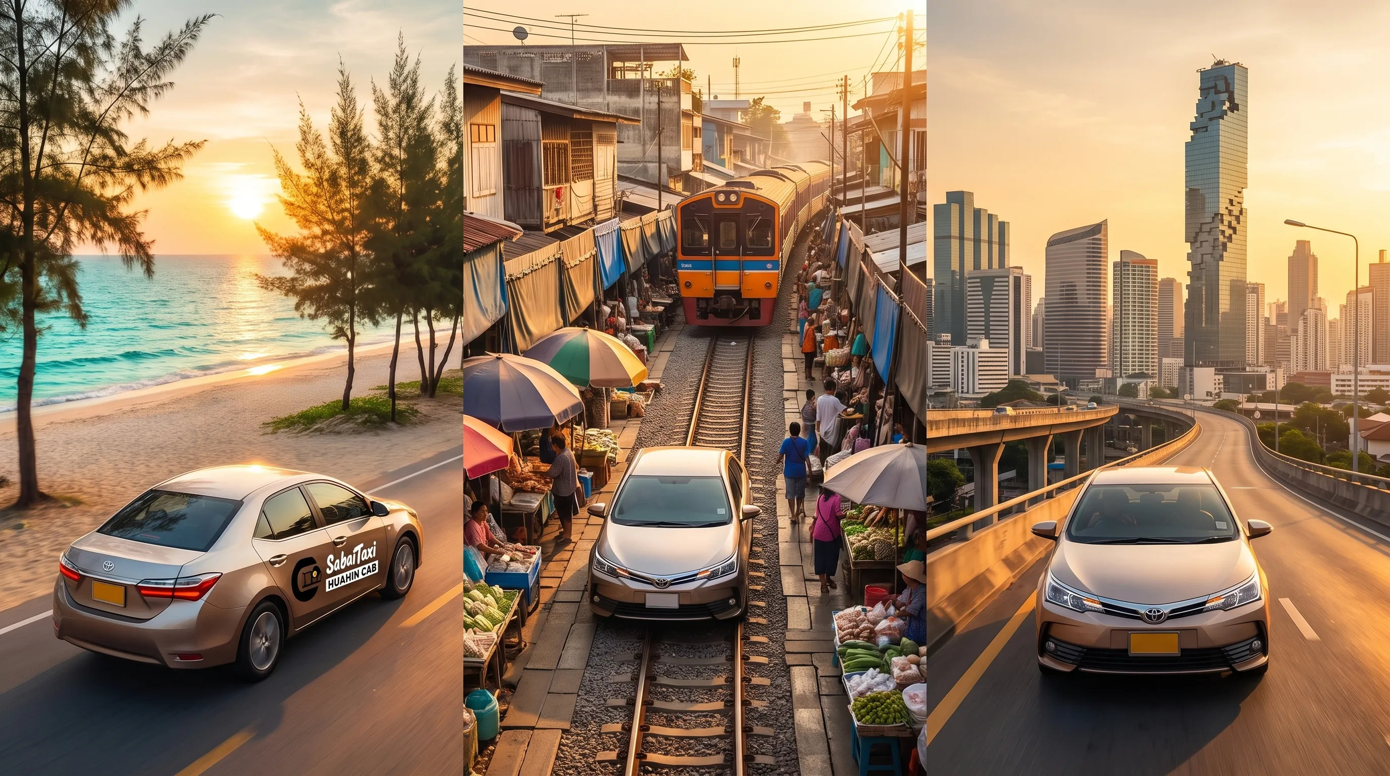 Private taxi transfer from Hua Hin to Bangkok city, via Maeklong Railway Market.