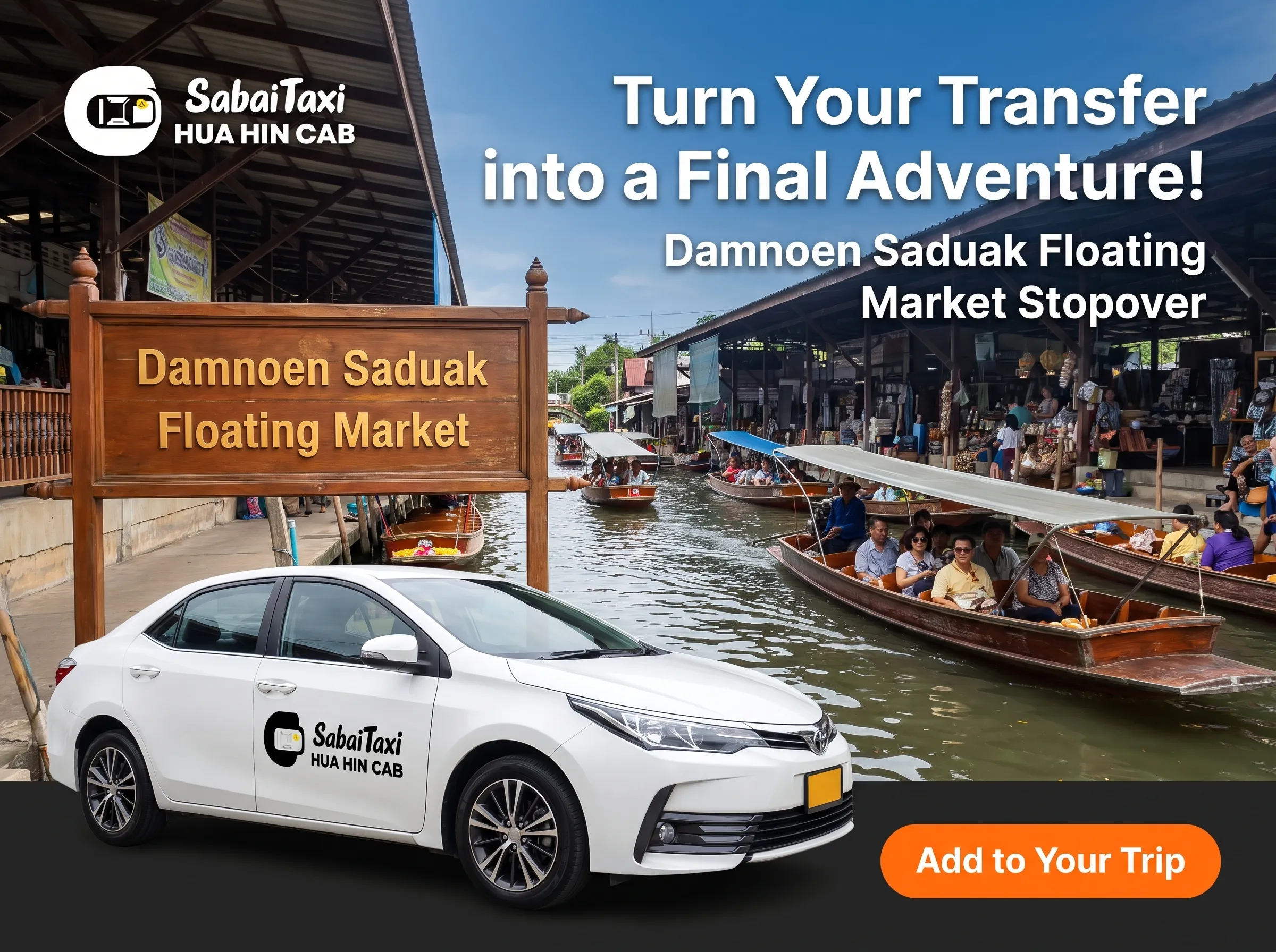 Damnoen Saduak Floating Market sightseeing stop during a Hua Hin to Don Mueang Airport taxi transfer.