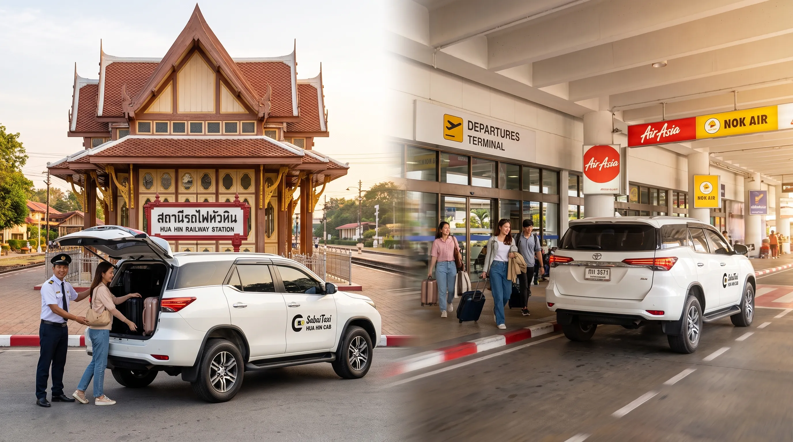 SabaiTaxi private transfer service from the Hua Hin Railway Station landmark to the departure terminal at Don Mueang Airport (DMK) in Bangkok.