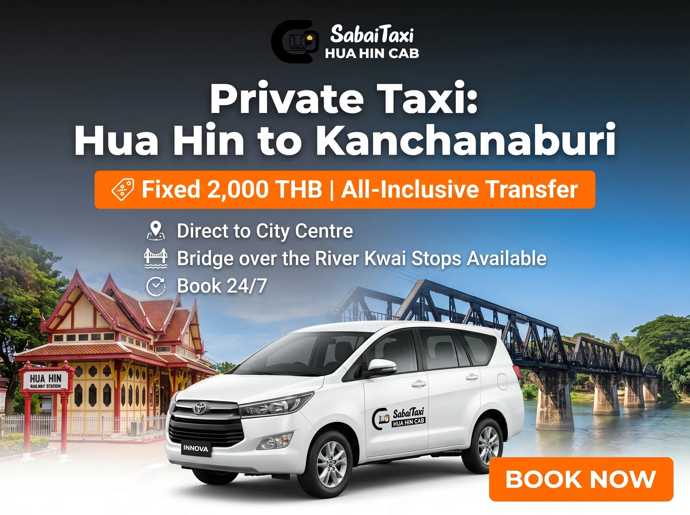 Fixed-price private taxi transfer from Hua Hin to Kanchanaburi city centre