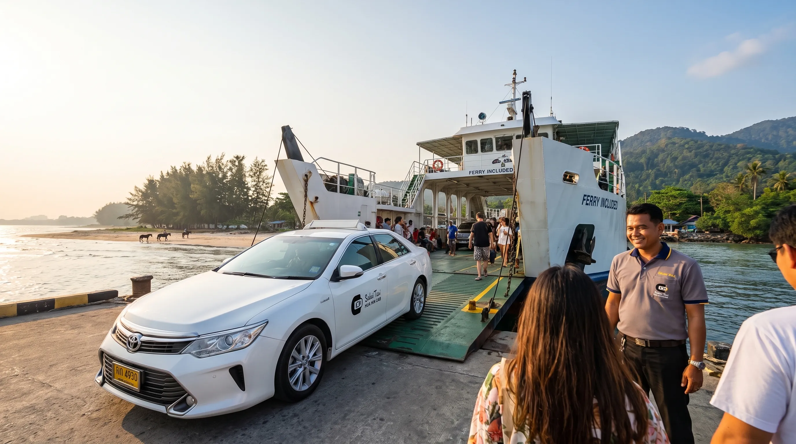 Hua Hin to Koh Chang taxi and private transfer service by Sabai Taxi, showing a driver welcoming a passenger with luggage on a car ferry connecting the two locations, with door-to-door service and ferry included.