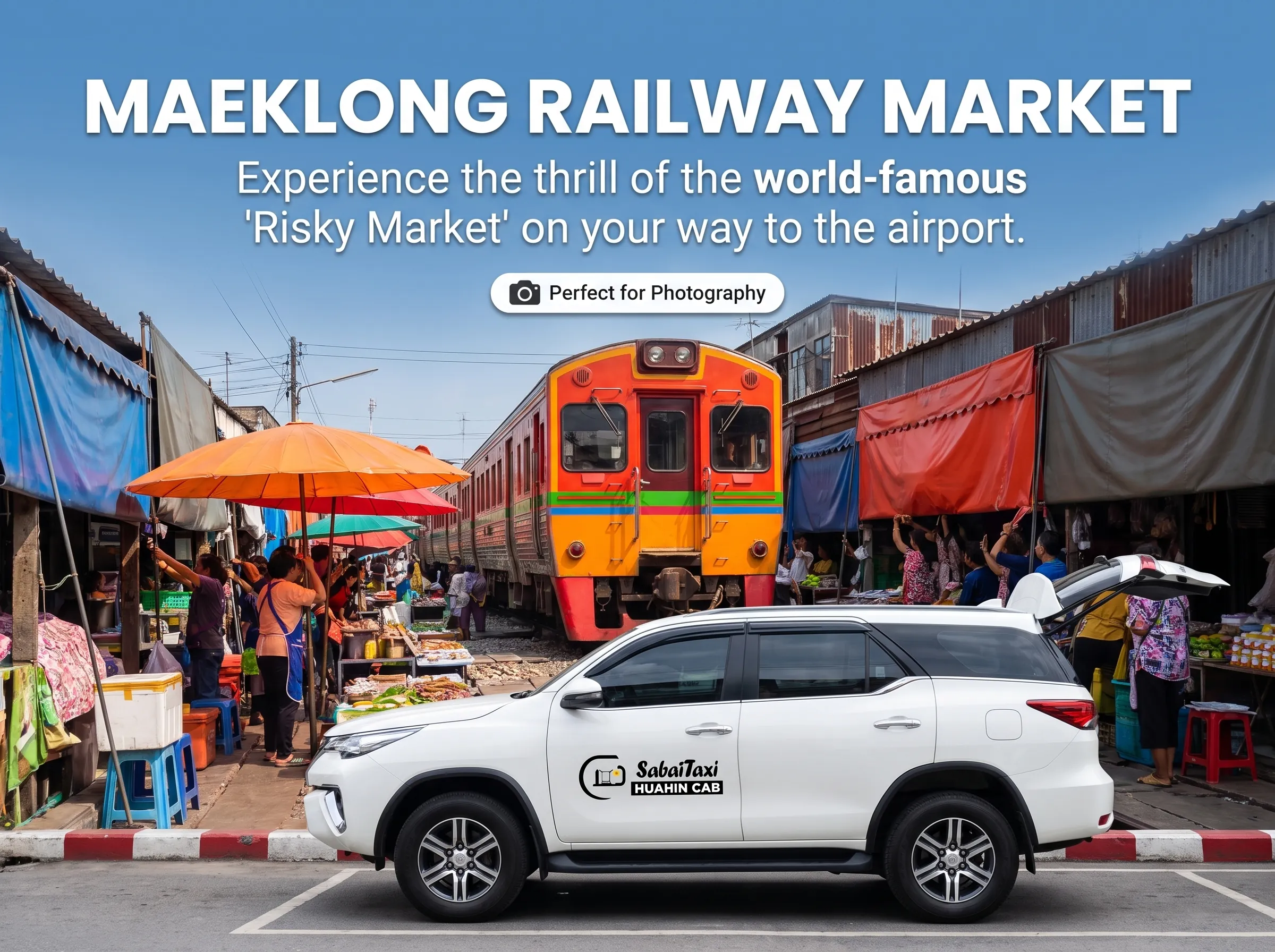 SabaiTaxi transfer with a sightseeing stop at Maeklong Railway Market