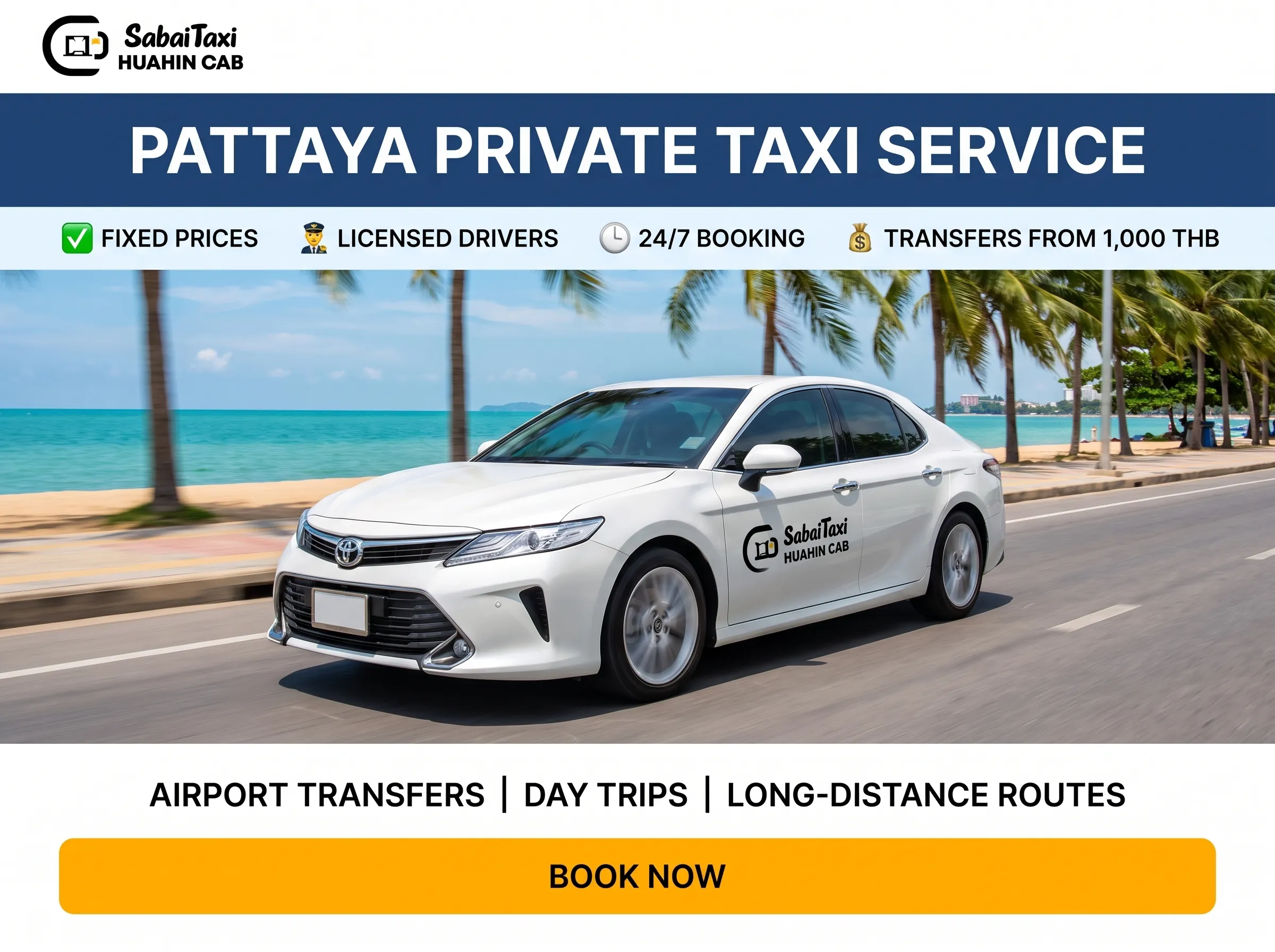 SabaiTaxi Pattaya offering reliable private taxi service, fixed prices starting from 1,000 THB, and licensed drivers for airport transfers, day trips, and long-distance routes in Pattaya.