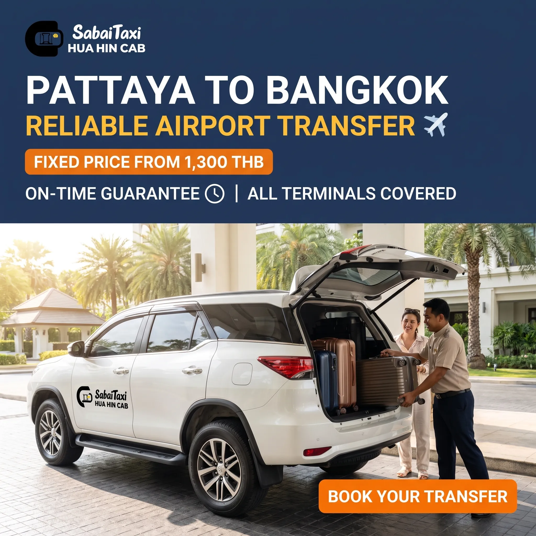 A premium SabaiTaxi loading luggage at a Pattaya hotel for a direct Pattaya to Bangkok taxi airport transfer.