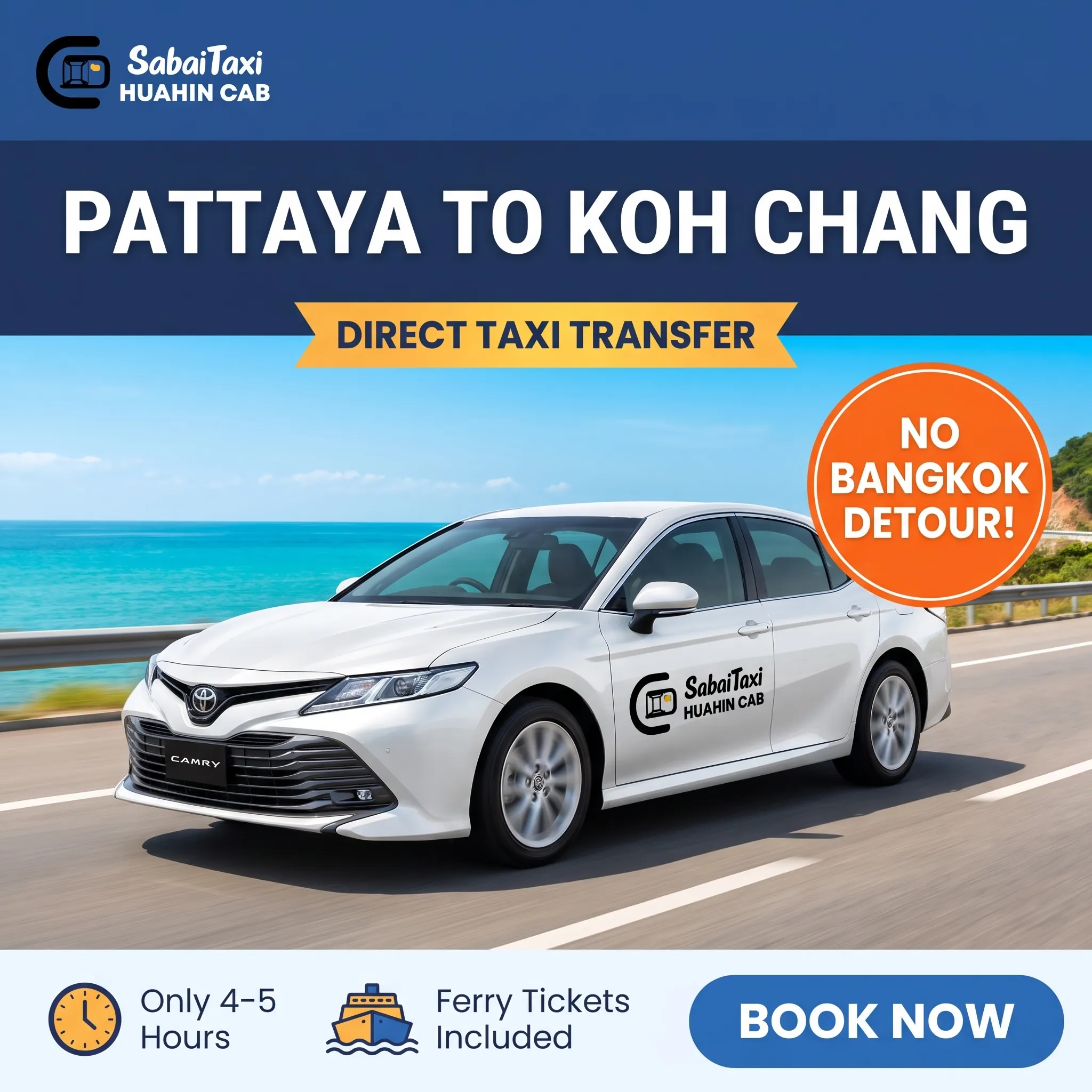 Direct Pattaya to Koh Chang taxi bypassing Bangkok, offering a fast 4 to 5-hour private transfer with ferry tickets included.