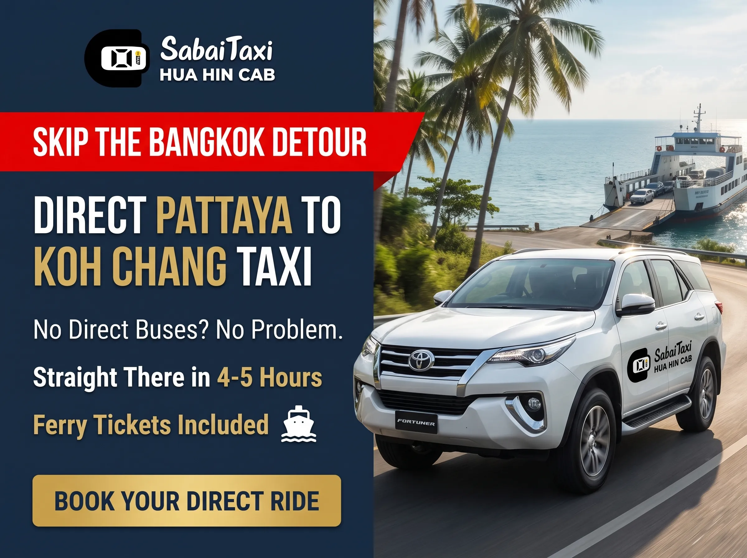 SabaiTaxi private vehicle providing a seamless door-to-door Pattaya to Koh Chang transfer, avoiding pier transfers and long waits.