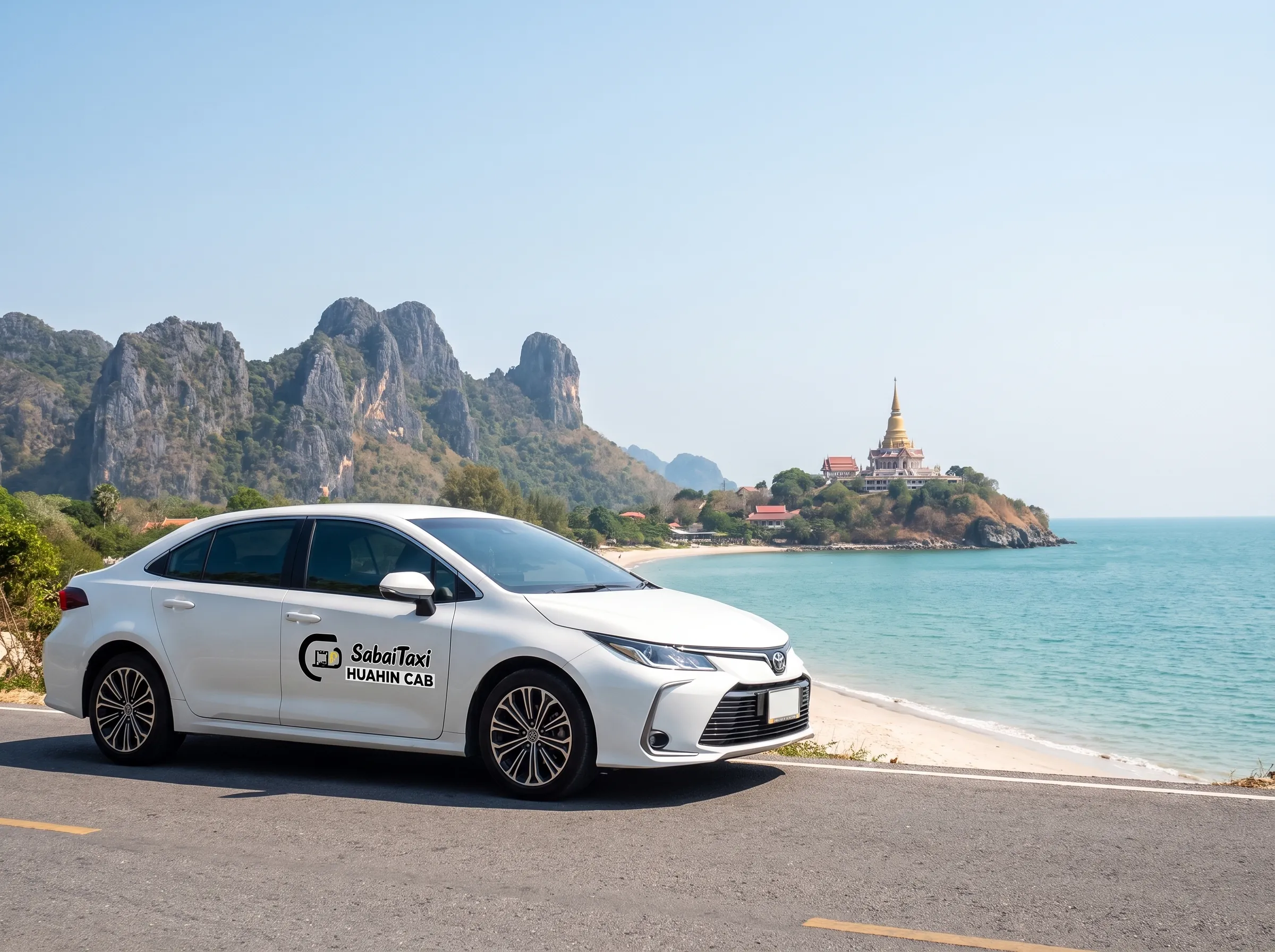 A white Toyota Fortuner taxi with the "SabaiTaxi" logo is parked on a scenic coastal road in Thailand, with a beach, ocean, dramatic mountains, and a temple in the background on a clear, sunny day.