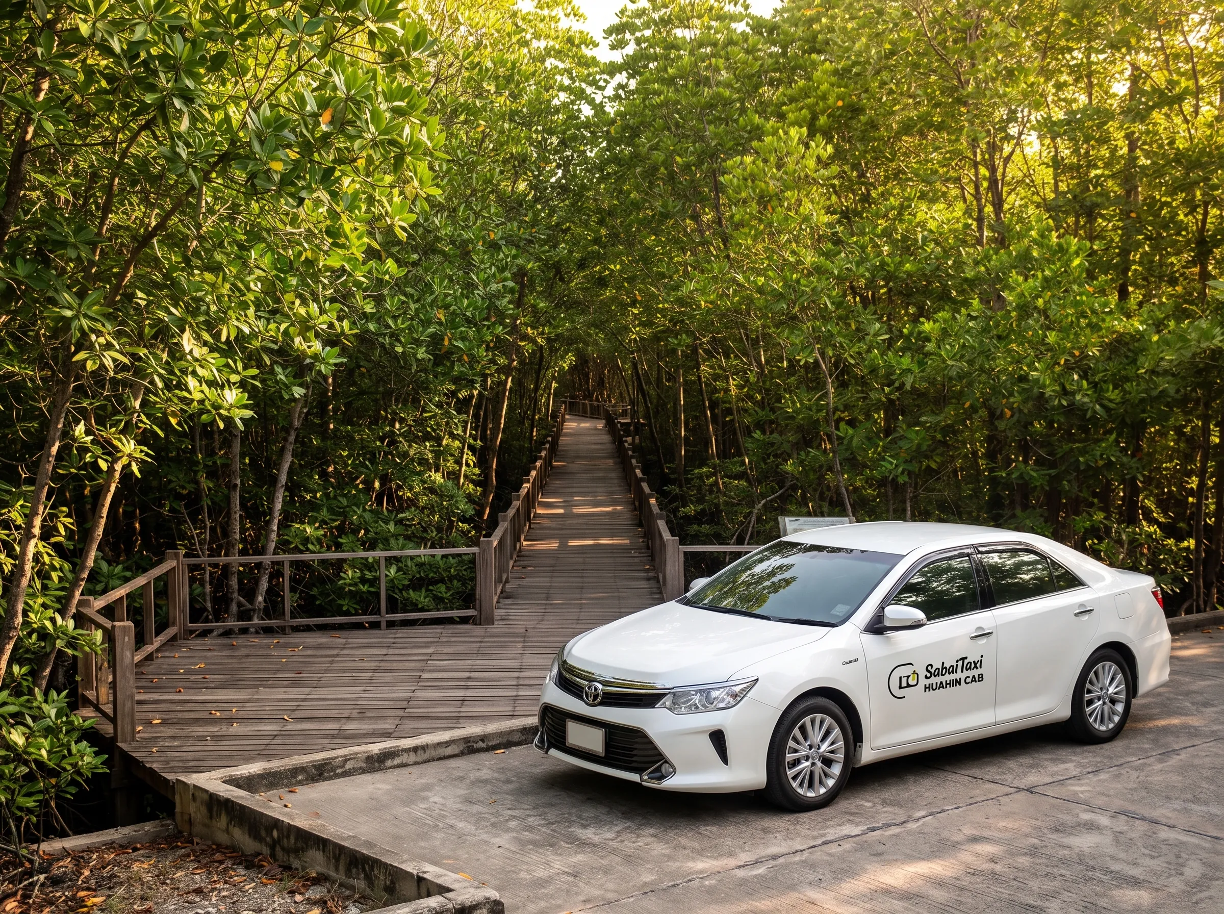 A professional photograph of a SabaiTaxi vehicle parked at the entrance to Pranburi Forest Park, showing the elevated wooden boardwalk through lush mangrove forests.