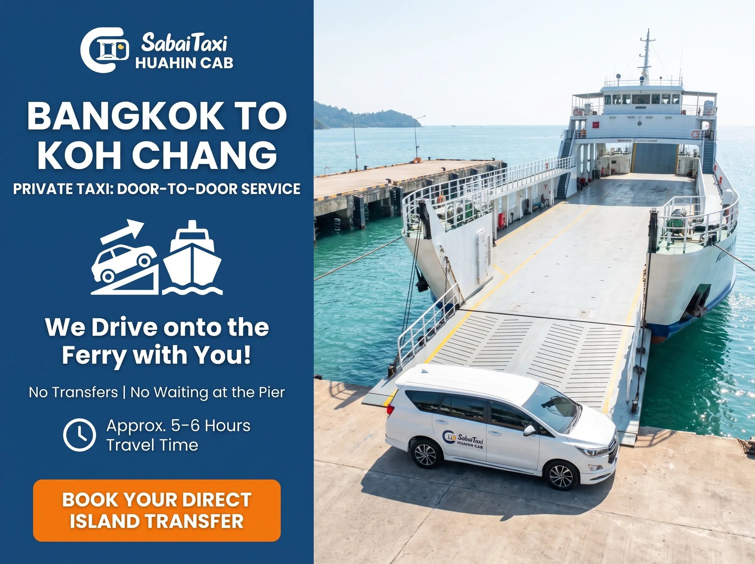 Premium SabaiTaxi private vehicle boarding a car ferry for a direct Bangkok to Koh Chang transfer, eliminating the need for pier transfers.