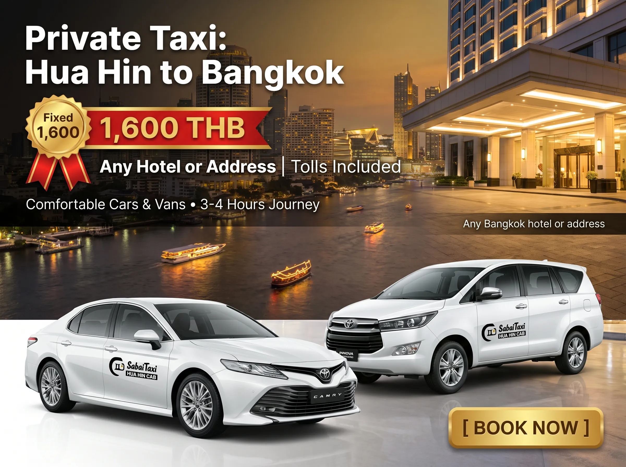 SabaiTaxi private car and van service traveling from Hua Hin to a Bangkok hotel.