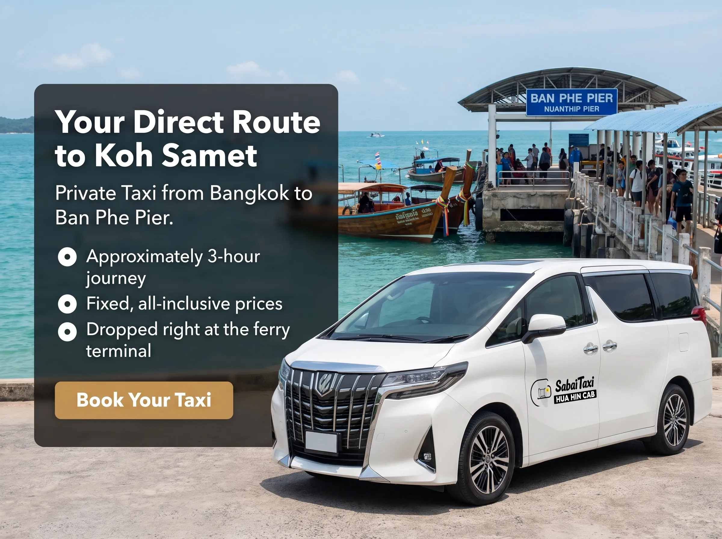 A comfortable Bangkok to Ban Phe taxi by SabaiTaxi, dropping passengers right at the ferry terminal for Koh Samet