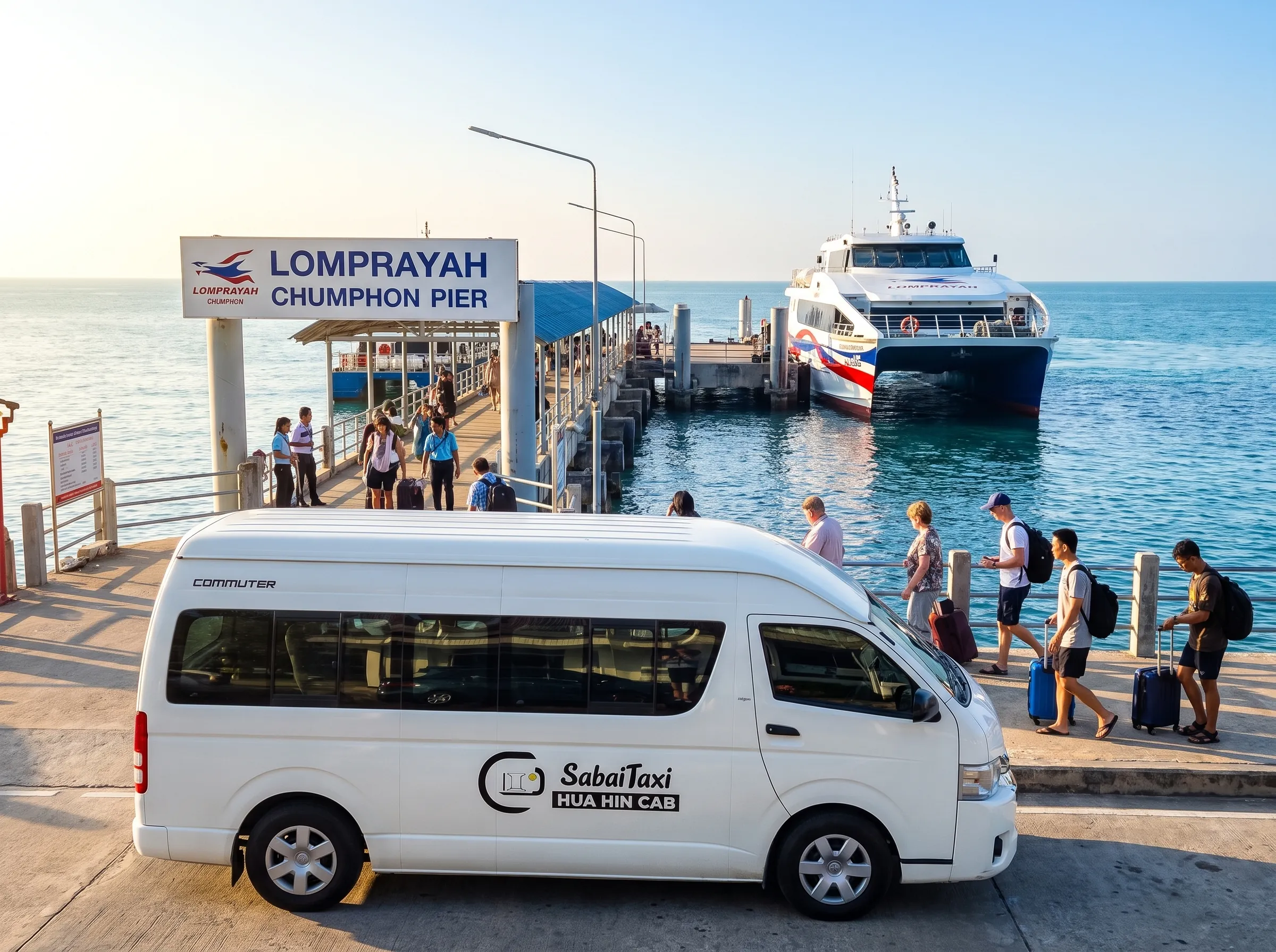 Private taxi driving along the scenic coastal route from Hua Hin to Chumphon pier.
