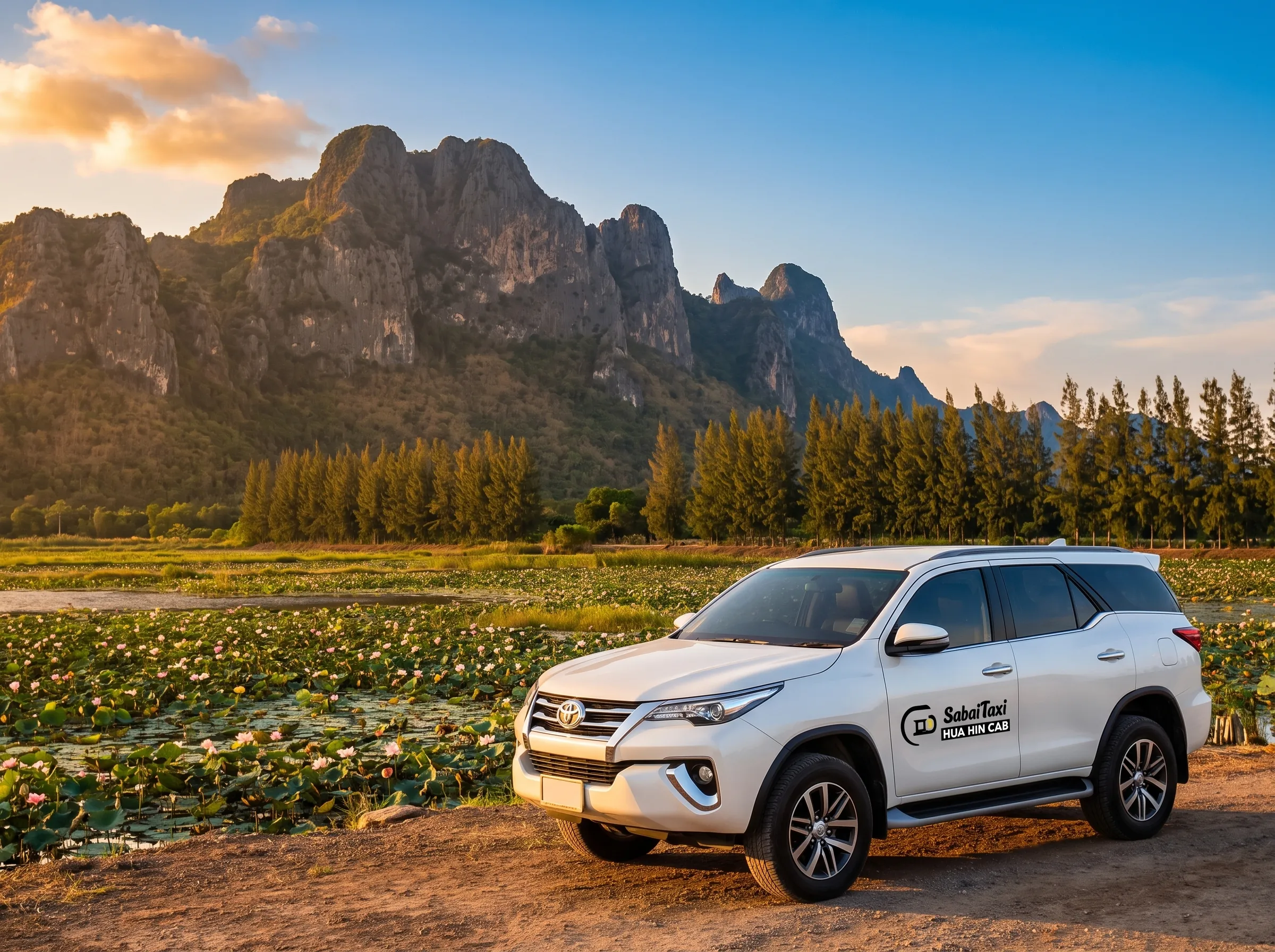 A private SabaiTaxi parked in front of the majestic limestone mountains at Khao Sam Roi Yot National Park during a sightseeing tour.