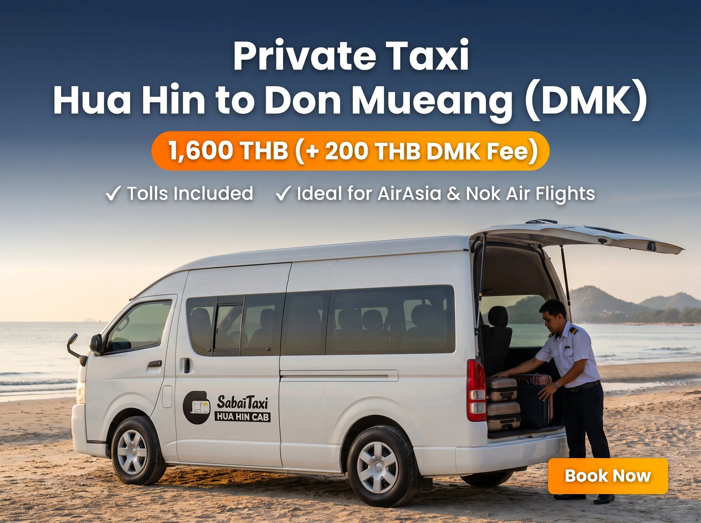 SabaiTaxi private transfer service picking up passengers at a Hua Hin landmark for a direct trip to Don Mueang Airport (DMK), ideal for AirAsia and Nok Air flights.