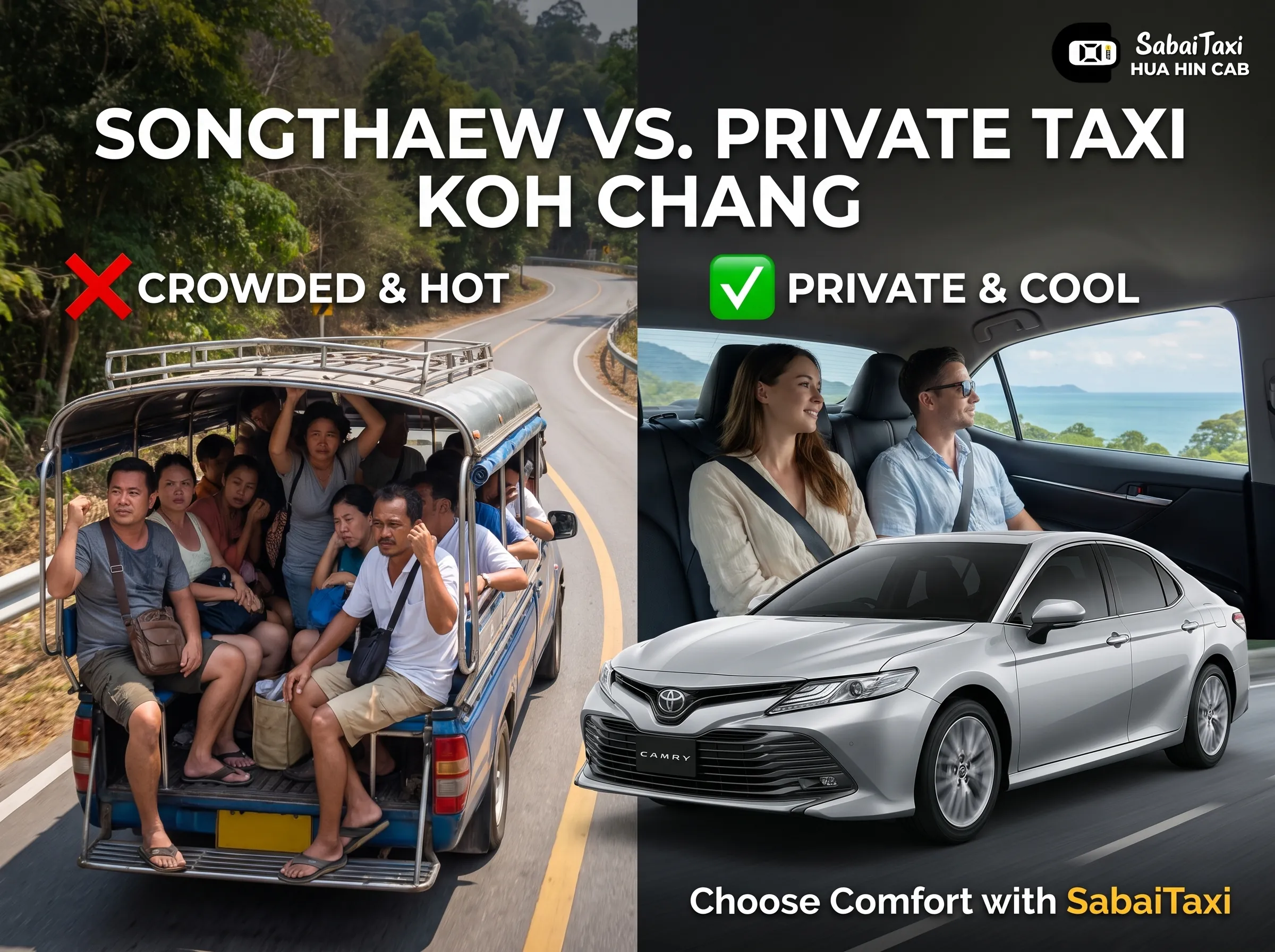 Contrasting local transport with a private taxi service.