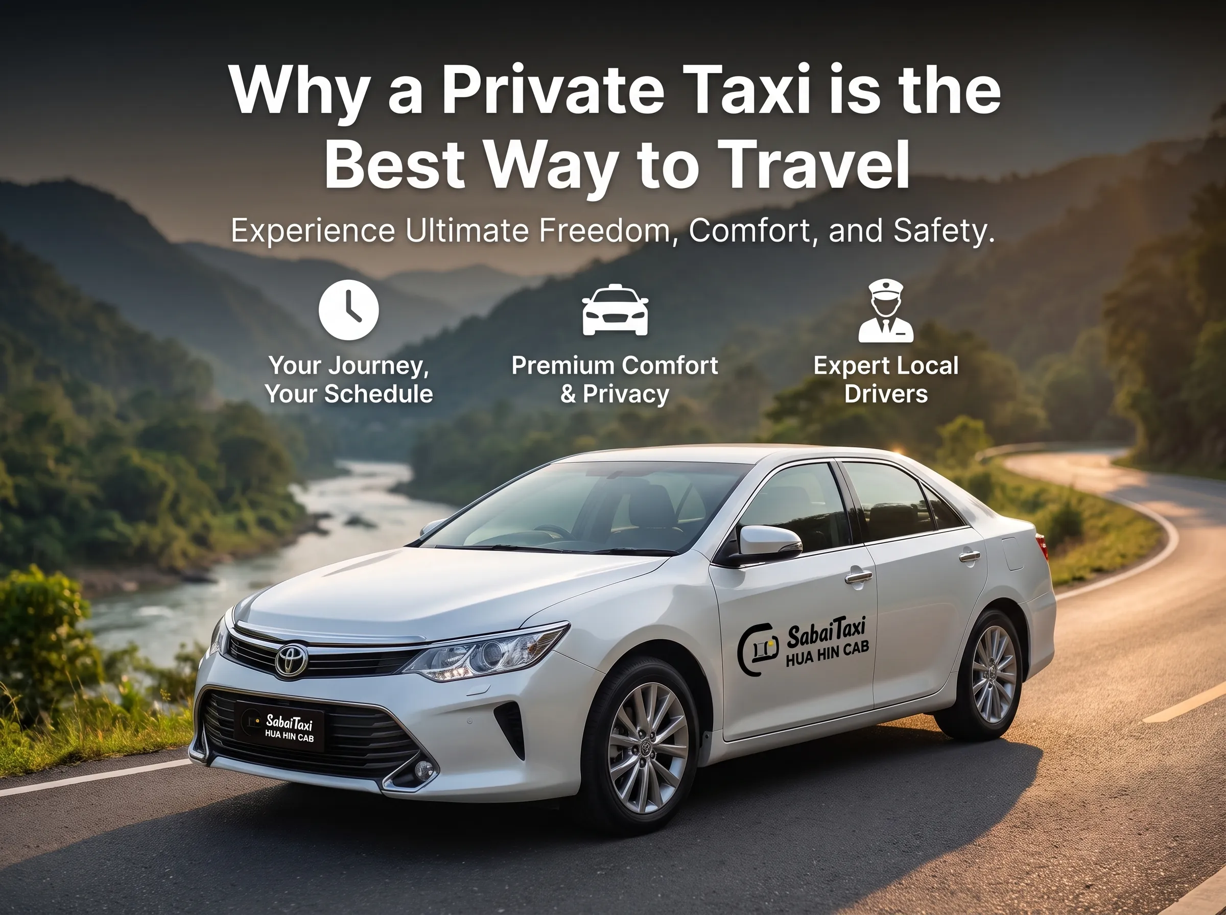 A comfortable SabaiTaxi parked along a scenic route, illustrating why a private taxi is the best way to travel.