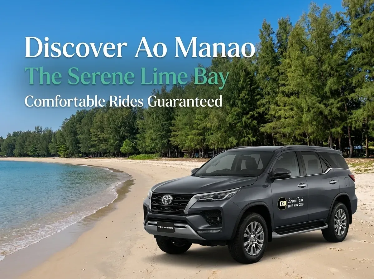 Dark grey Toyota Fortuner taxi parked near the beautiful and serene Ao Manao (Lime Bay) in Prachuap Khiri Khan.