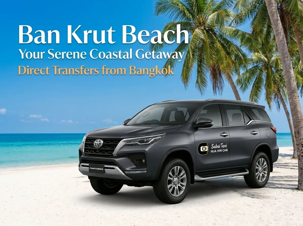 Latest Toyota Fortuner taxi parked along the pristine, quiet sands of Ban Krut Beach for a serene coastal getaway.