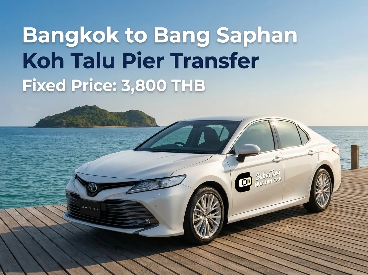Private taxi service from Bangkok to Bang Saphan and Koh Talu Pier featuring a modern Toyota Camry with a fixed fare of 3,800 THB.