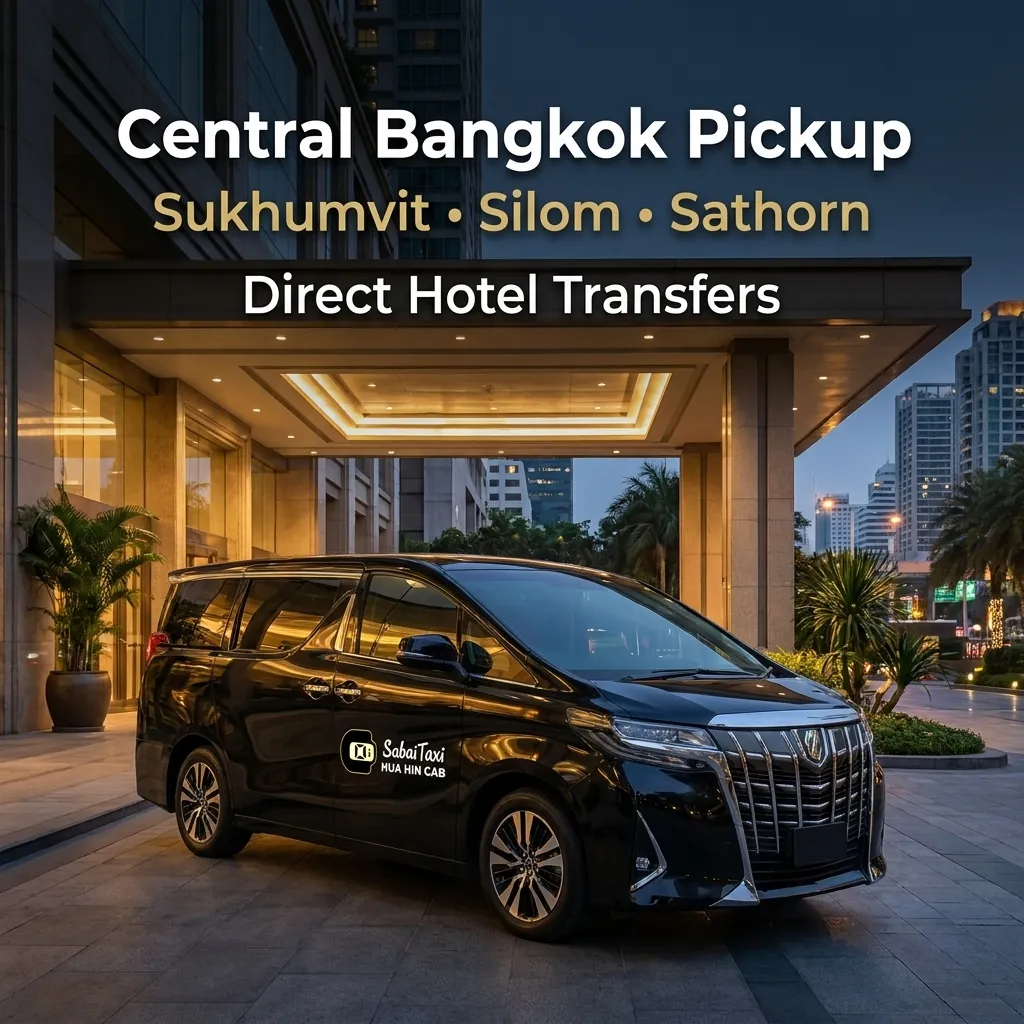 VIP minivan taxi offering direct hotel pickups from Sukhumvit, Silom, and Sathorn in central Bangkok to Bang Saphan.