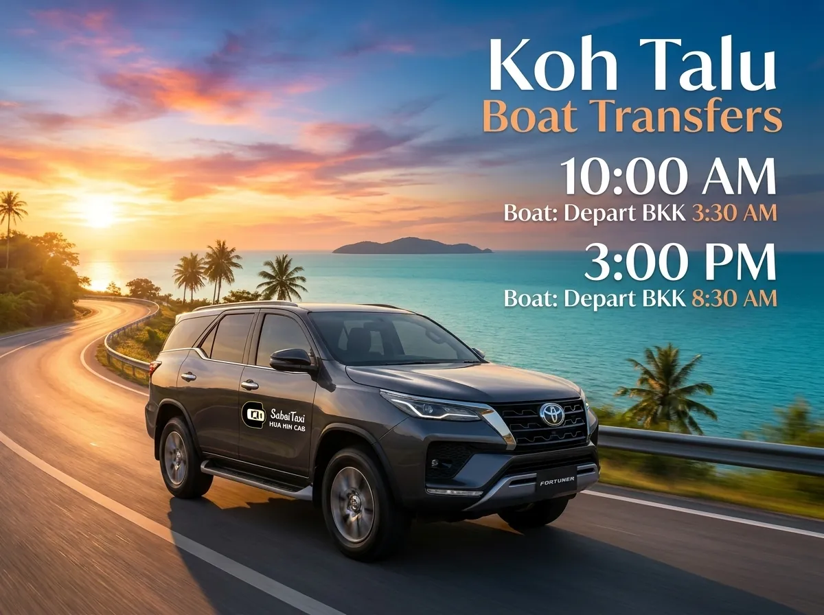 Recommended departure times from Bangkok for Koh Talu boat transfers by private Toyota Fortuner taxi.