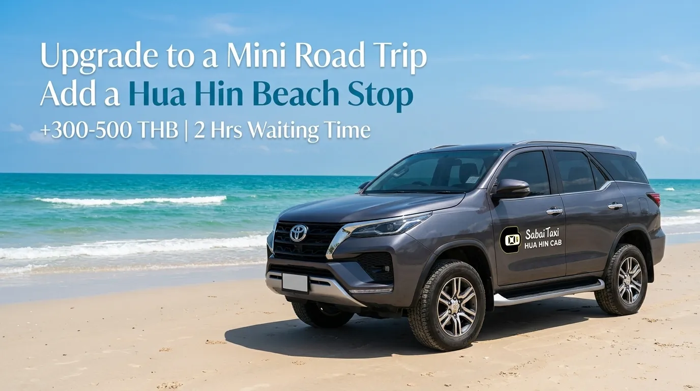 Private taxi transfer from Bangkok to Prachuap offering a mini road trip stop at Hua Hin coastal beach stretches.
