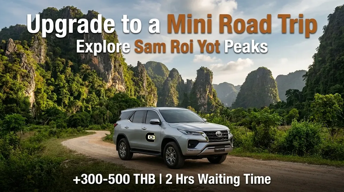 Private taxi transfer offering a scenic stop at Khao Sam Roi Yot limestone peaks and caves along the way to Prachuap.