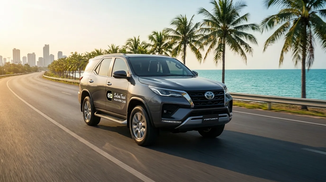Premium private taxi service from Bangkok to Ban Krut featuring the latest Toyota Fortuner on a scenic coastal highway.