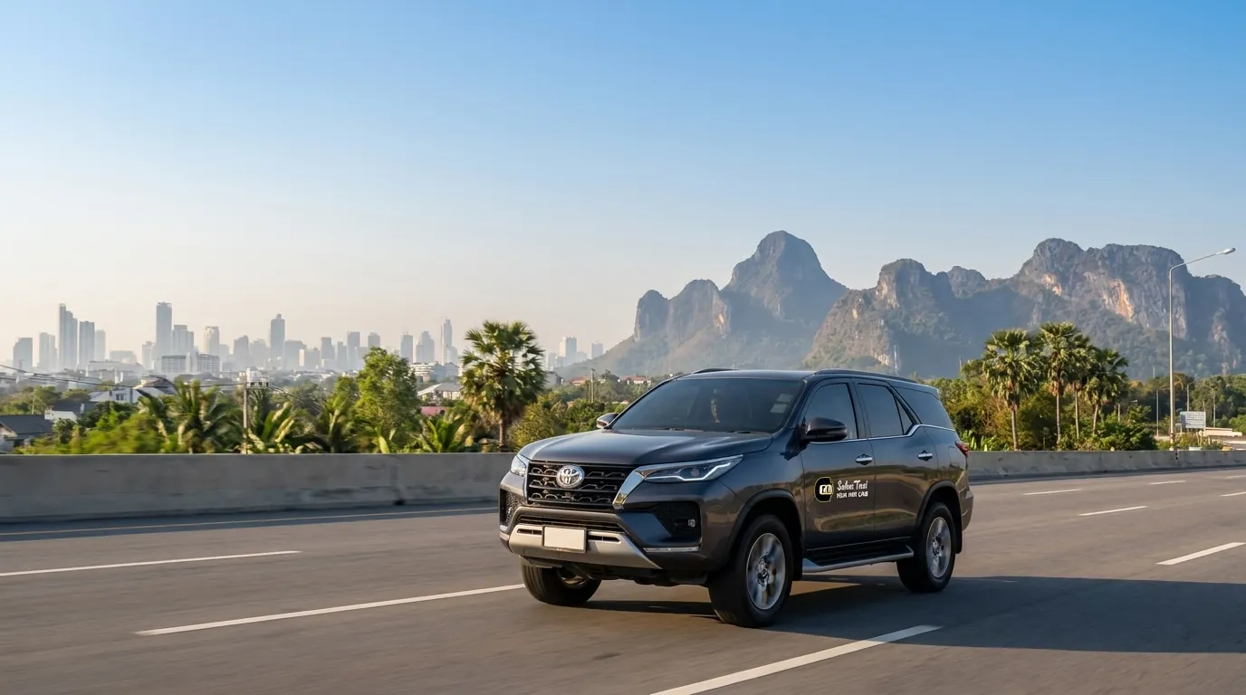Private taxi service featuring the latest Toyota Fortuner driving from Bangkok to the scenic coastal province of Prachuap Khiri Khan.