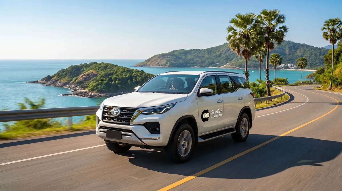 Private taxi service from Hua Hin to Ban Krut featuring a Toyota Fortuner on a scenic coastal road.