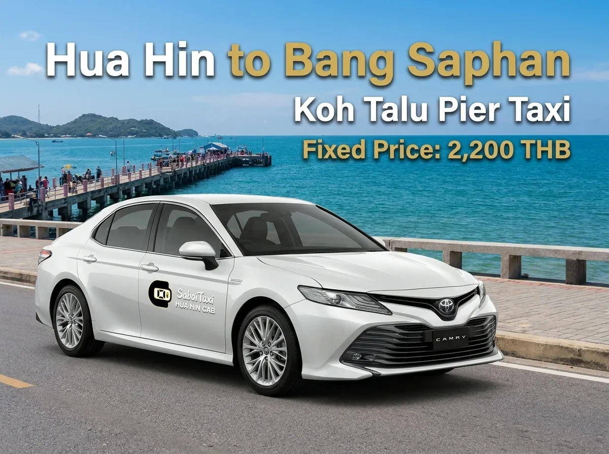 Premium Toyota Camry taxi service from Hua Hin to Bang Saphan and Koh Talu Pier for a fixed price of 2,200 THB.
