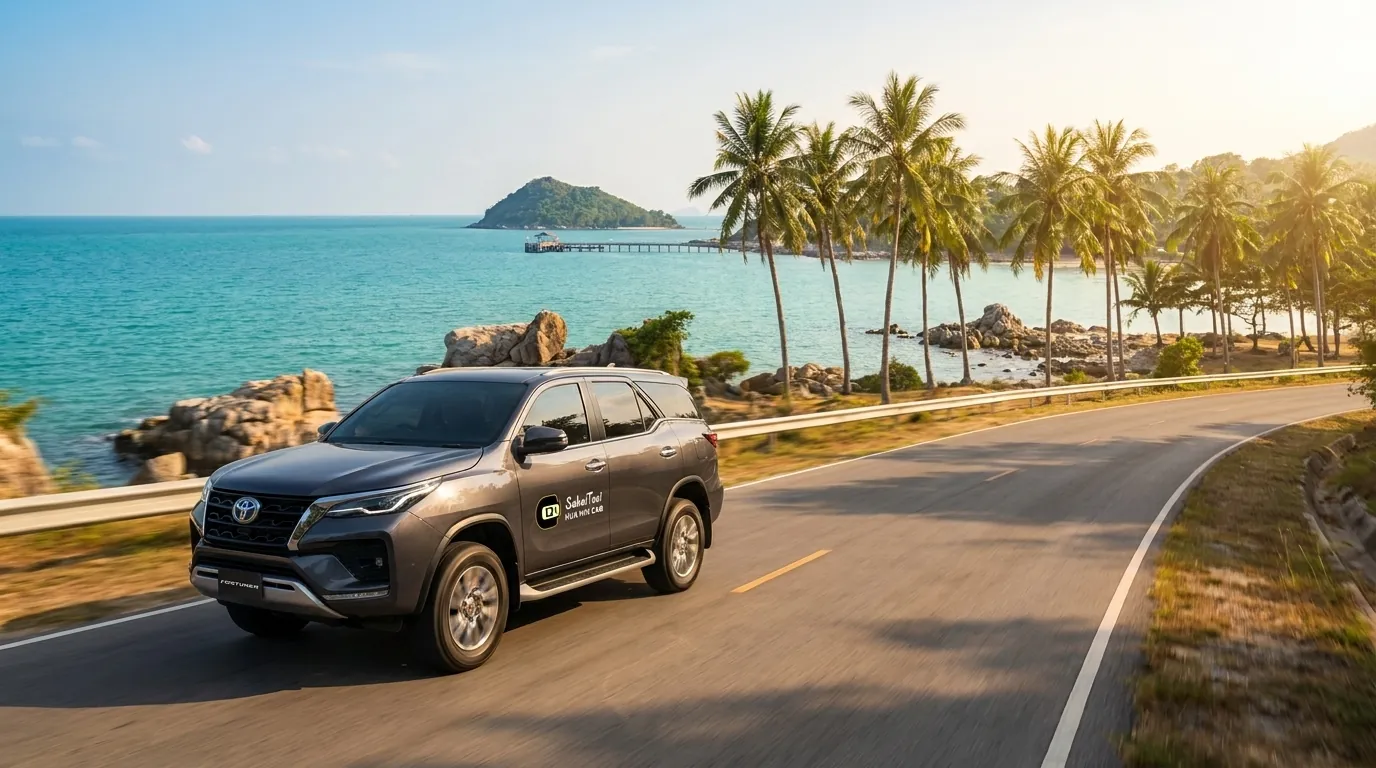 Private taxi service from Hua Hin to Bang Saphan featuring the latest Toyota Fortuner on a beautiful coastal road.