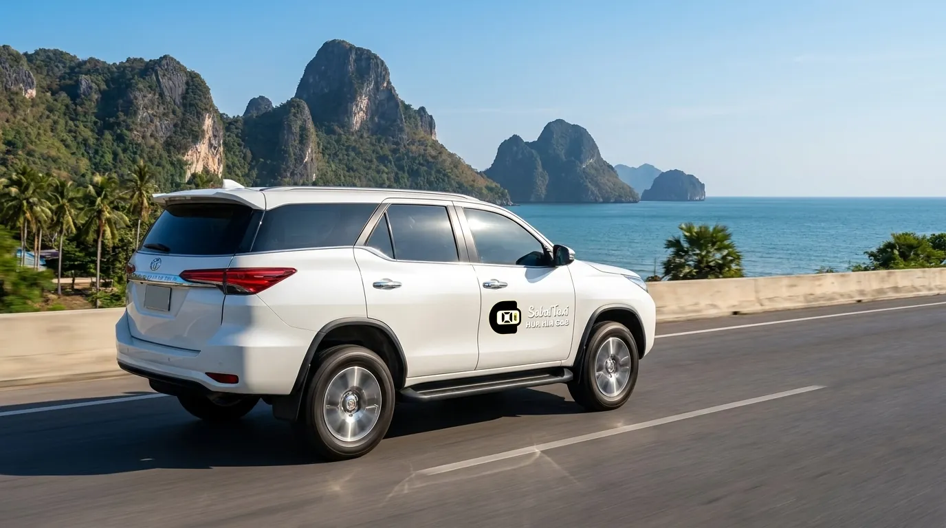 A modern white Toyota Fortuner taxi on a scenic coastal road heading towards the distinctive mountains of Prachuap Khiri Khan.