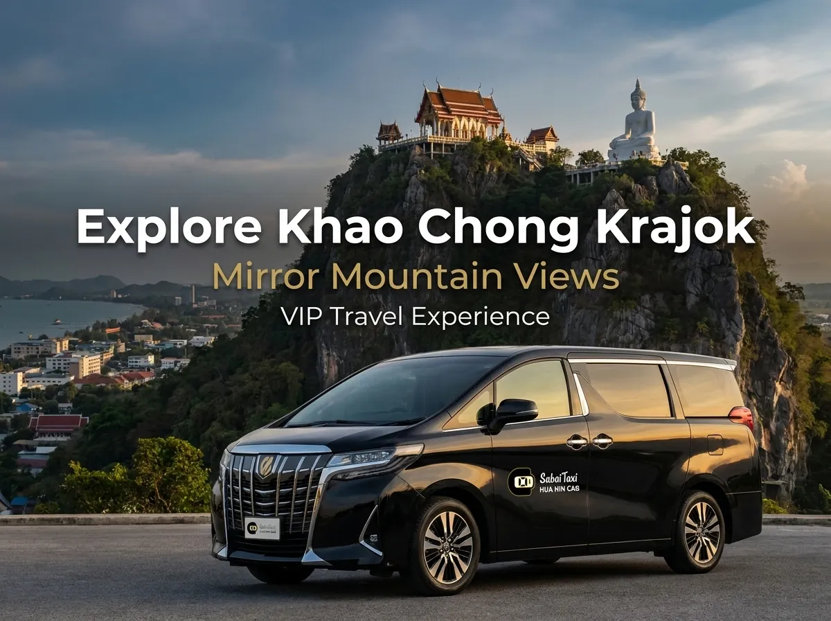 VIP passenger minivan parked with a stunning view of Khao Chong Krajok (Mirror Mountain) in the background.