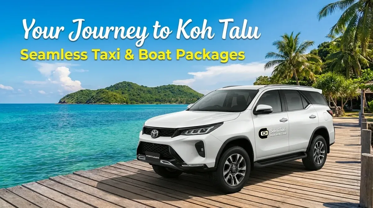 Seamless taxi and boat transfer packages to Koh Talu from Hua Hin or Bangkok, featuring a modern Toyota Fortuner.