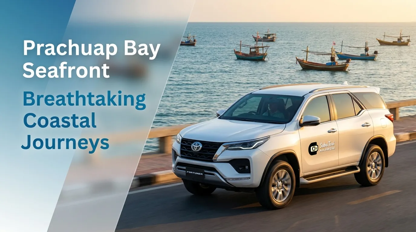 Latest Toyota Fortuner driving along the breathtaking Prachuap Bay seafront promenade.