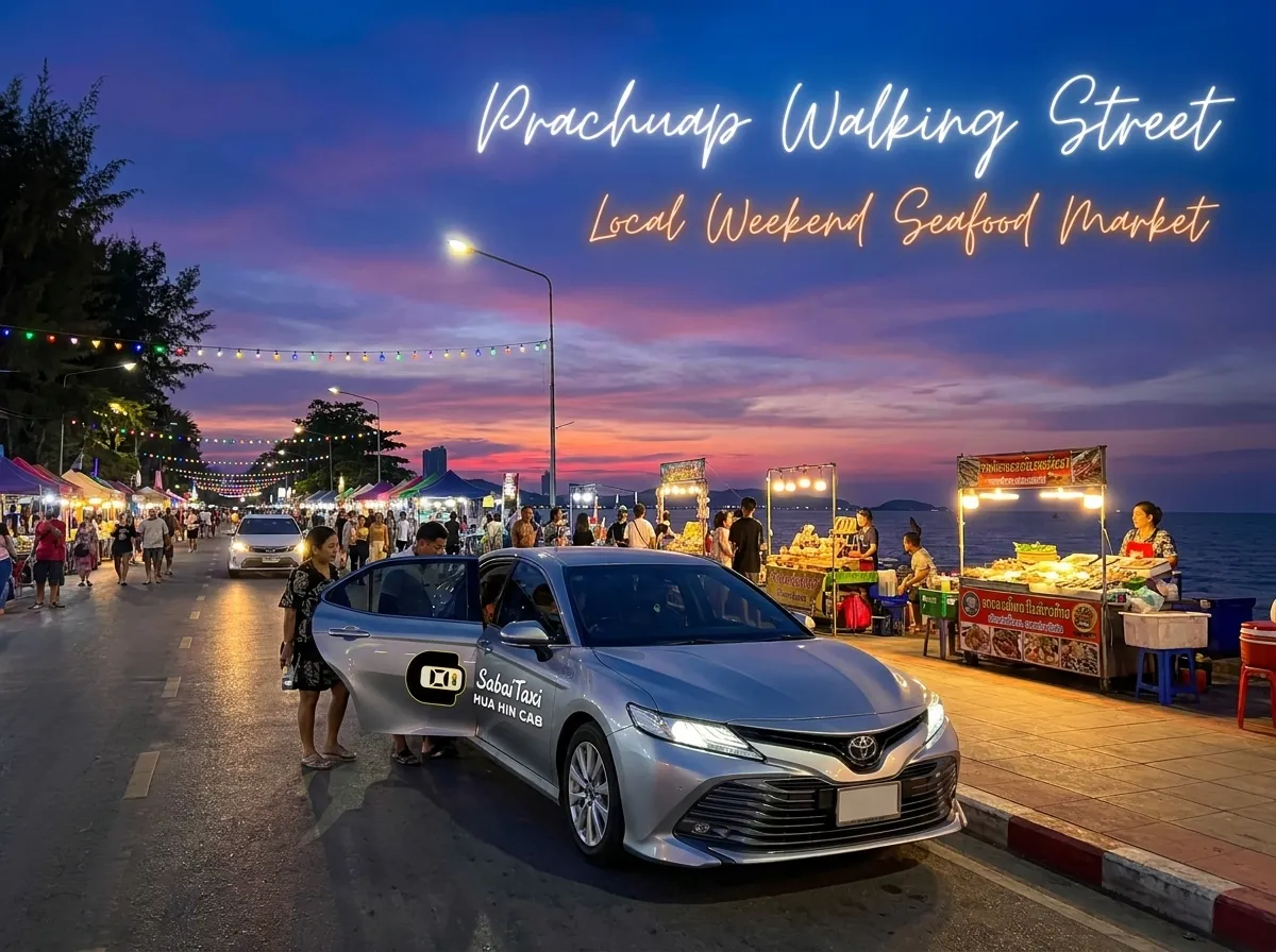 Private taxi drop-off at the vibrant Prachuap Walking Street and local weekend seafood market.