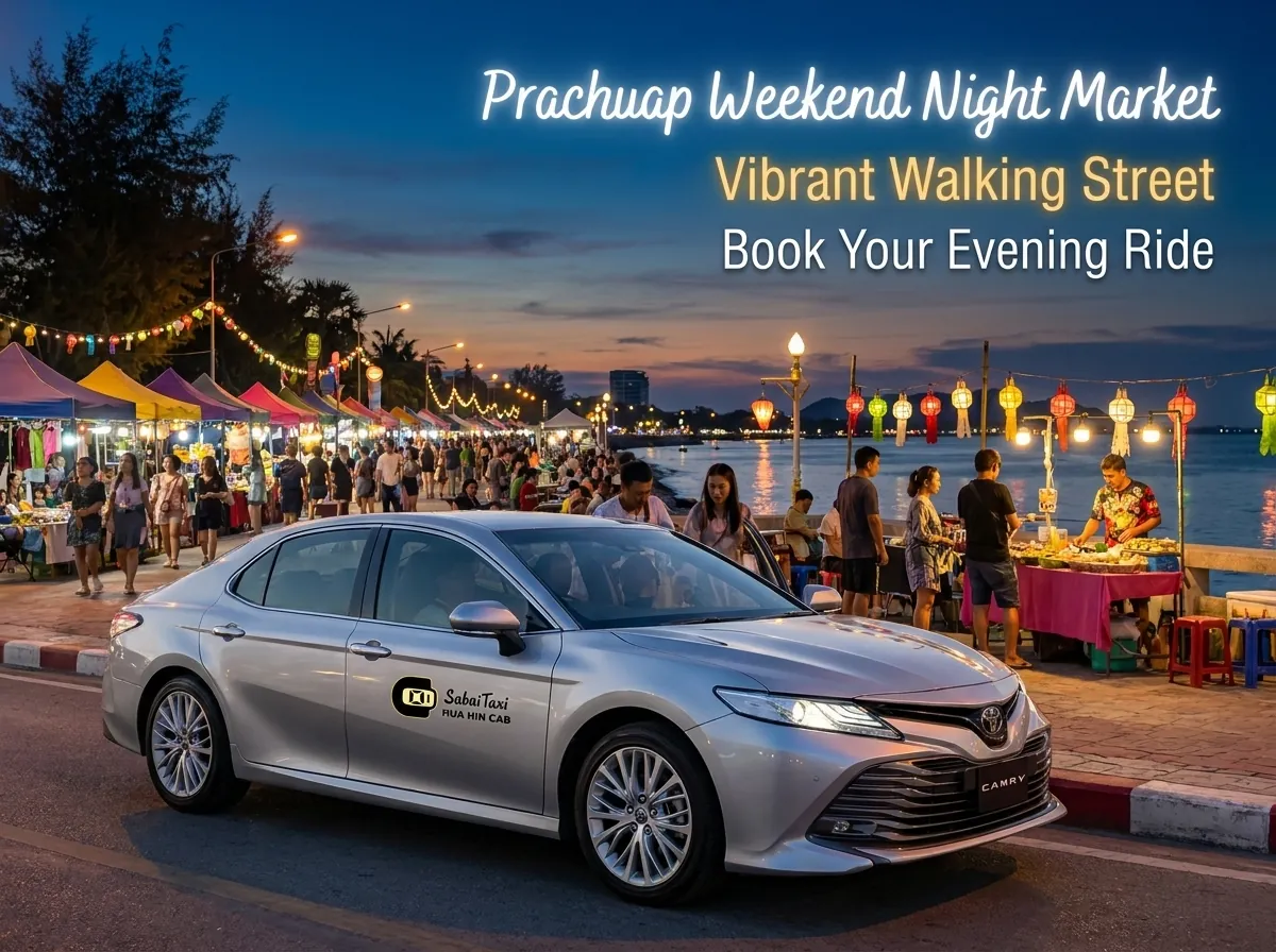 Toyota Camry taxi dropping off passengers near the vibrant Prachuap Weekend Night Market and walking street at twilight.