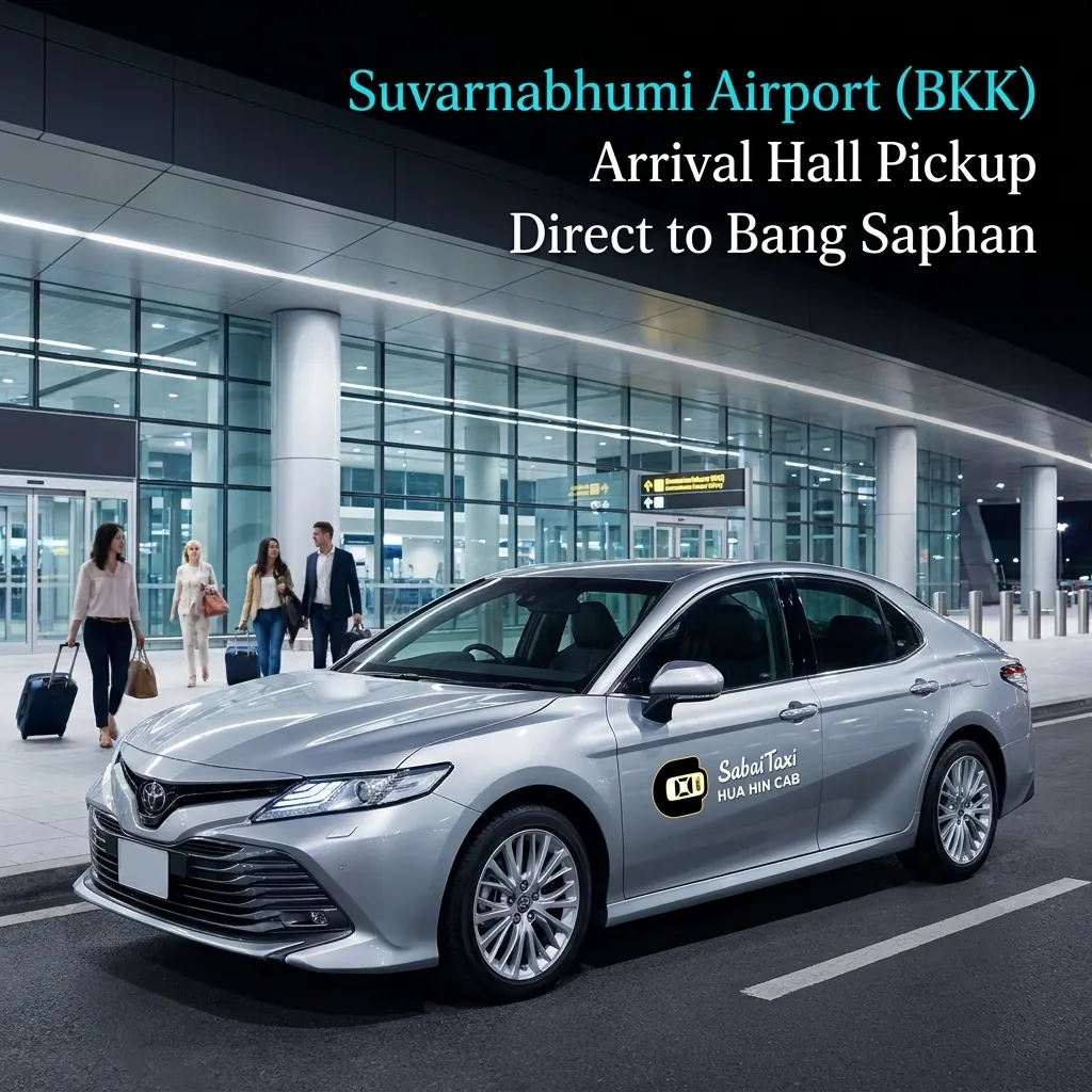 Direct taxi pickup service from Suvarnabhumi Airport (BKK) arrival hall to Bang Saphan.